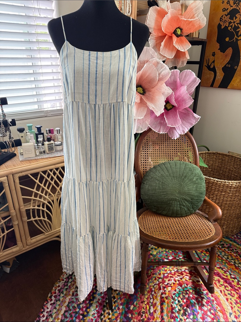 Madewell Cami Pale Parchment Stripe Linen Boho Preppy Nantucket Midi Dress
